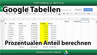 Prozentualen Anteil berechnen  Bonusberechnung  Google Tabellen  Spreadsheets [upl. by Nerra]