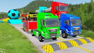 Double Flatbed Trailer Truck vs Speedbumps Train vs Cars  Tractor vs Train BeamngDrive 059 [upl. by Bessie300]