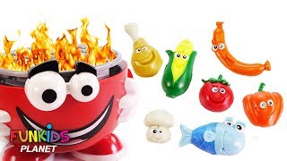 Feeding Mr Play Doh Head Pretend BBQ Barbecue Playset Hamburger Chicken Corn with Surprise Toys [upl. by Winzler965]