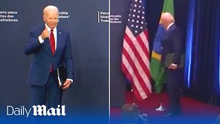 Joe Biden awkwardly stumbles into pole and doesnt shake President Lulas hand [upl. by Nayt804]