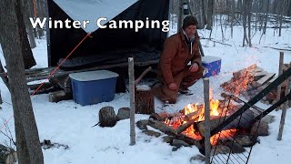 Winter Camping Tarp Shelter Self Feeding FireSurvival bushcraft [upl. by Lednahc]