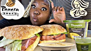 Panera Bread Mukbang Broccoli Cheddar Soup Ham Sandwich [upl. by Ardnuyek242]