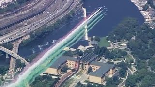 Italian Air Force jets from Frecce Tricolori conduct colorful flyover of Philadelphia [upl. by Issim]