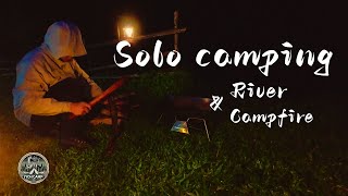 Solo camping  By the river and campfire  Relaxing music [upl. by Atworth]