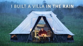 Solo RAIN Camping like a King  I built a fully furnished Palace Tent relaxing ASMR [upl. by Sidnarb]