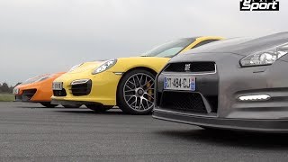 Drag Race  911 Turbo S VS McLaren 12C VS Nissan GTR Motorsport [upl. by Adianez]