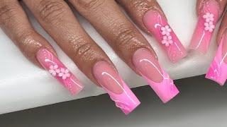 French 3d Line Airbrush Flower Charm Acrylic Nails [upl. by Attenat]