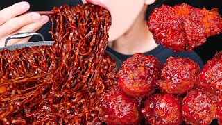 ASMR SPICY BBQ FRIED CHICKEN BLACK BEAN NOODLES NUCLEAR FIRE SAUCE MUKBANG 치킨 먹방チキン 咀嚼音EATING SOUNDS [upl. by Ellyn]