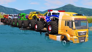 Double Flatbed Trailer Monster Trucks Transport with Slide ColorCars vs Speed bump BeamNGdrive14 [upl. by Idnat]