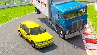 Double Flatbed Trailer Truck vs speed bumps Busses vs speed bumps Beamng Drive [upl. by Gayn]