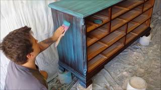 Howto Paint Furniture Makeover Tutorial Turquoise Dry Brush Distressed Paint Blending Technique [upl. by Amari]