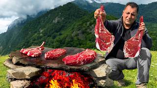 Roasting Juicy Beef Steaks on Hot Stones Outdoors Cooking Alone in the Mountains [upl. by Akerdna801]