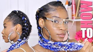 Two Cornrows on Natural Hair with Extensions►Blue Feed in Braids [upl. by Meekar943]