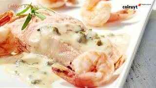 Recept Gepocheerde zalm en scampi’s met warme tartaar  Colruyt [upl. by Elysee]