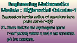 Show That For The Equiangular Spiral raeθcotα Where a And α Are Constants ρr Is A Constant [upl. by Franni]