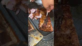 Ribs bbq grill smoke meat spare ribs tips pork charcoal wood chop heat steam fall [upl. by Welbie]