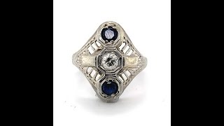 Art Deco 18K Diamond and Sapphire Filigree Ring J4449 [upl. by Nylesaj]