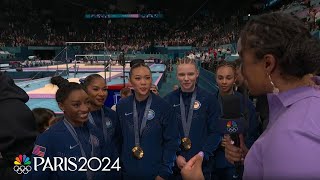 Simone Biles US women’s gymnastics team all smiles after winning gold medal  Paris Olympics [upl. by Bartram]