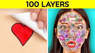 100 LAYERS CHALLENGE Best 100 Coats of Makeup Hairspray Duct Tape Tattoos by 123 GO CHALLENGE [upl. by Weinrich419]