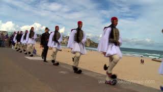 Evzones alongside Bondi Beach participating in the ANZAC Day March in Sydney Australia 2018 [upl. by Trelu399]