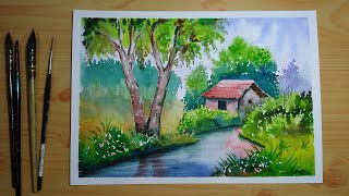 Simple watercolor landscape painting for beginners [upl. by Peppard]