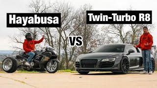 Stretched BigTire Hayabusa vs 850hp TT V10 Audi R8 [upl. by Amyaj]