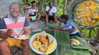 Chicken RunDownWith Carrot DumplingSoft YamBreadfruit amp Banana Real Out Door Cooking [upl. by Bywoods]