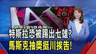 特斯拉基本面無法跟上股價成長速度 分析師評估將特斯拉踢出七雄名單 馬斯克送100萬美元鼓勵投票 遭費城檢察官以quot非法經營彩票quot起訴｜推播 楊珩｜非凡財經新聞｜20241029 [upl. by Llamaj249]