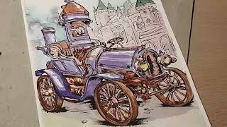 Relaxing watercolor painting with brushed ink of a steampunk car  no talking some ASMR [upl. by Elrebma]