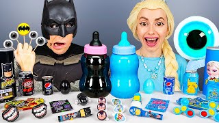 Blue Food vs Black Food Challenge 블루 블랙 푸드 챌린지Elsa Frozen vs Batman Mukbang by HUBABANG [upl. by Nodrog744]