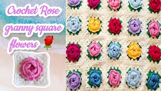 Crochet rose flower  crochet granny square flowers  crochet tutorial  Pimdaocrochetanddiy [upl. by Ecissej]