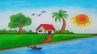 Simple scenery drawing  Village scenery art  How to make village scenery easydrawing viralart [upl. by Langdon]