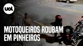 Motoqueiros roubam e perseguem vítimas em rua de Pinheiros [upl. by Aldin]