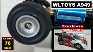 🎦 V40 Wltoys A949 76 kmh on 2s Lipo Upgrade 4500 KV Brushless Motor  27T Pinion [upl. by Anzovin]