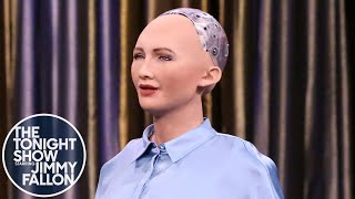 Tonight Showbotics Jimmy Meets Sophia the HumanLike Robot [upl. by Merril488]