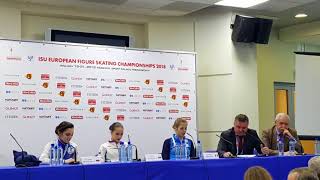 Zagitova  Medvedeva  Kostner press conference ISU European championships 2018 [upl. by Lenox]