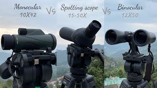 Monocular 10X vs Binoculars 12X vs Spotting scope 1550X  ED Vs Non ED Lens [upl. by Ecniuq540]