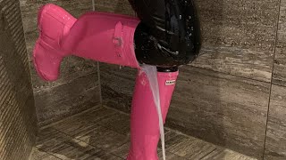 Girl showering in rainwear Hunter boot filling Wet leather leggings Wam Messy Rubber ASMR [upl. by Ahsier395]