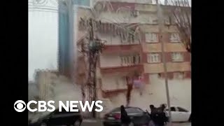 Video shows building collapse in Turkey as earthquake strikes [upl. by Nnahteb86]