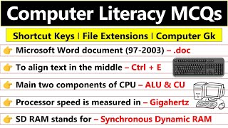 Computer mcq questions  Computer literacy test  shortcut keys  file extensions [upl. by Asira]