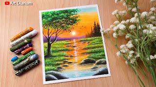 Sunset Nature Scenery Drawing with Oil Pastel  StepbyStep Tutorial [upl. by Lierbag]