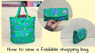 DIY Foldable Shopping BagHow to sew a bag that folds into a pouchDIY Ecofriendly tote bag [upl. by Ayim]