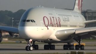 DELIVERY First Qatar Airways A380 A7APA takeoff at Hamburg Airbus Plant [upl. by Akenom]