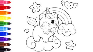 Unicorn cat and rainbow drawing and coloring for kids and toddlers [upl. by Phaedra]