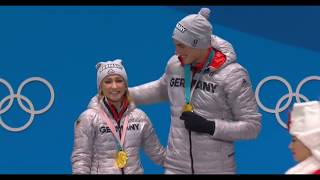 Aljona Savchenko and Bruno MassotWinning GoldPyeongchang 2018 Olympics  Vicotory Ceremony  Pairs [upl. by Ongun556]