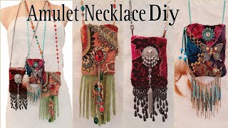 How To Make Fabric Pouch Necklaces  Amulet Boho Bag Upcycled [upl. by Zetneuq462]