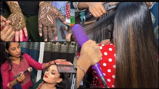 Parlor vlog ll 😍😍 hair pressing ll mehandi ll cutting ll makeup ll facial bleachfull vlog in Hindi [upl. by Nerwal]