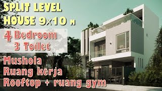 Split level house di lahan 9x10 m 4 kamar tidur ruang mushola rooftop ruang gym dan ruang kerja [upl. by Anhavas510]