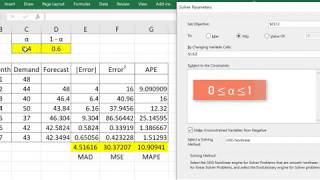 Exponential Smoothing in Excel Find α  Use Solver to find smoothing constant alpha [upl. by Davy914]