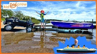 Kids speed boat adventure with ride on truck and Lego Titanic story Educational  Kid Crew [upl. by Cates]